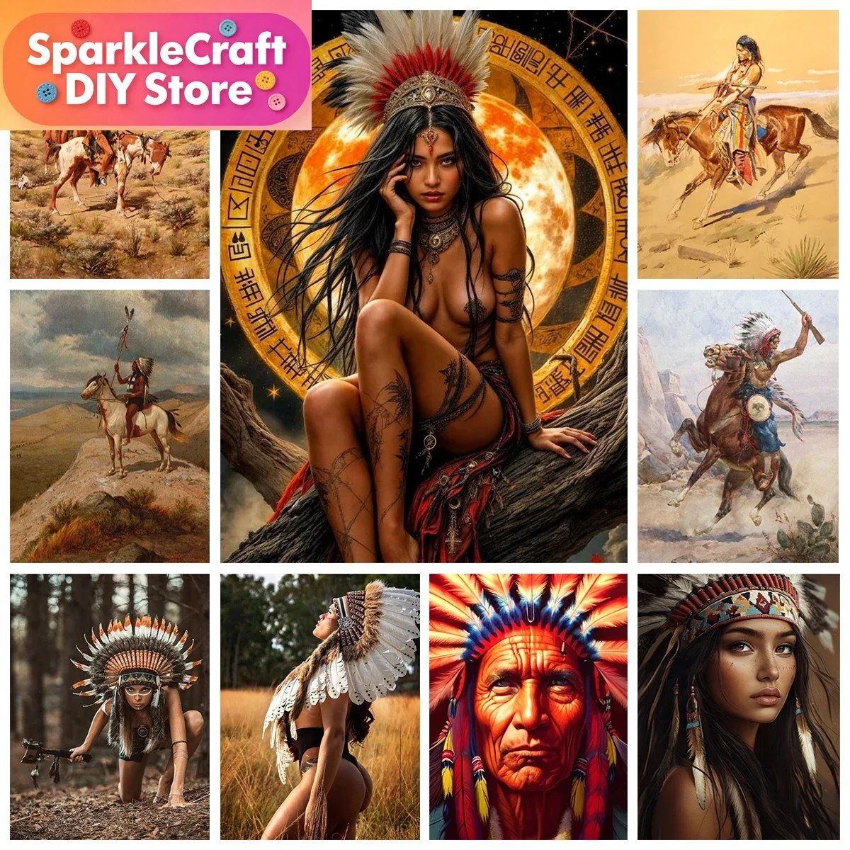 1 pièce Peinture diamant 5D DIY AB sans cadre, motif Chasseur indien, Femme indienne, Tribu primitive, Murale, Point de croix, Broderie de strass