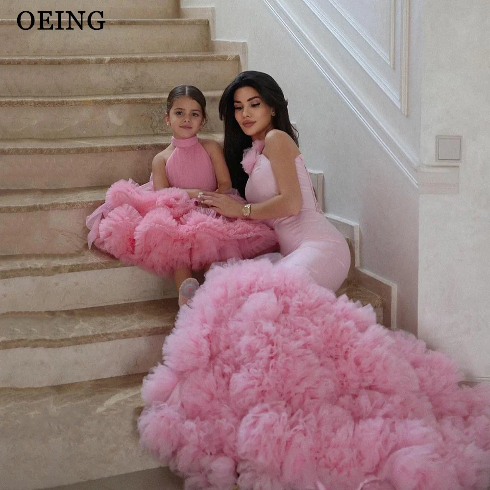 OEING Baby Pink Mother and Daughter Mermaid Dress Princess Photo Shoot Tiered Ruffles Tulle Dress Robe Summer Party Gowns