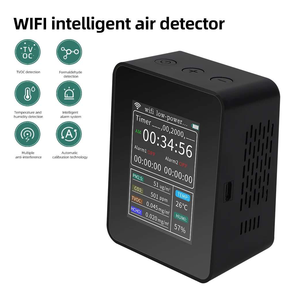 Smart Air Quality Monitor Detector CO2 PM2.5 TVOC HCHO TEMP HUMI Detectors With Alarm Timer Mobilephone APP Remotes