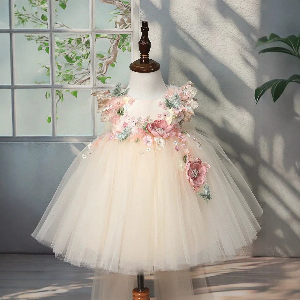 Girls dress three-dimensional flower girl fluffy yarn flower pearl lolita princess dress birthday