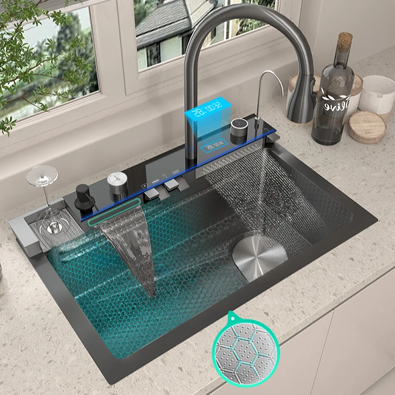 Évier de Cuisine à Double Cascade en Acier Inoxydable Gaufré, Grand Lavabo à Fente Unique, Affichage Numérique, Étang à Vaisselle