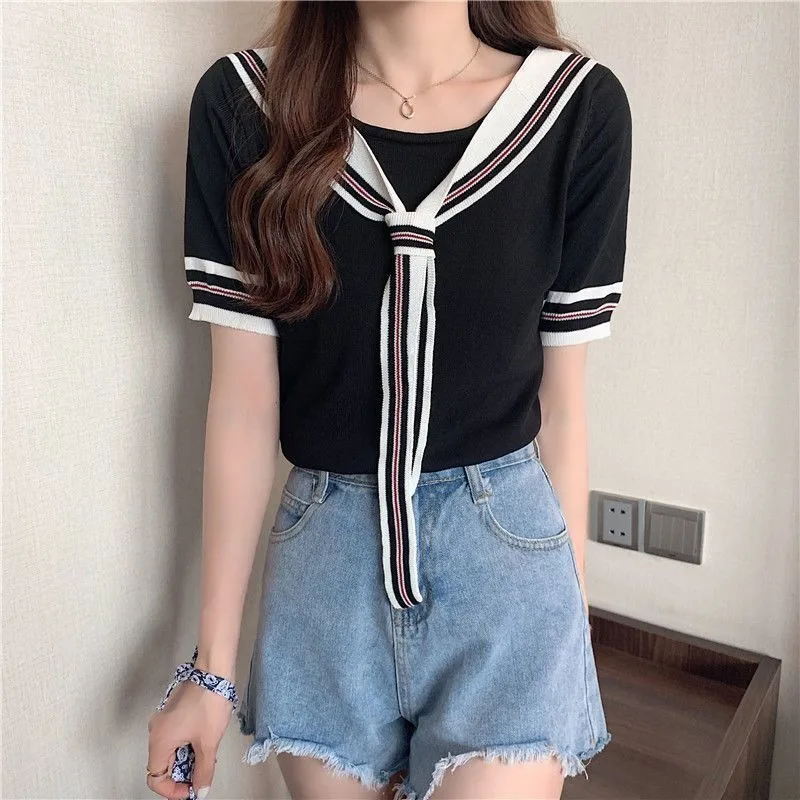 O-neck Bow Tie Striped Knitted T-shirts Women 2024 New Summer Short Sleeve Tops Students Sweet Versatile Casual Tees Female