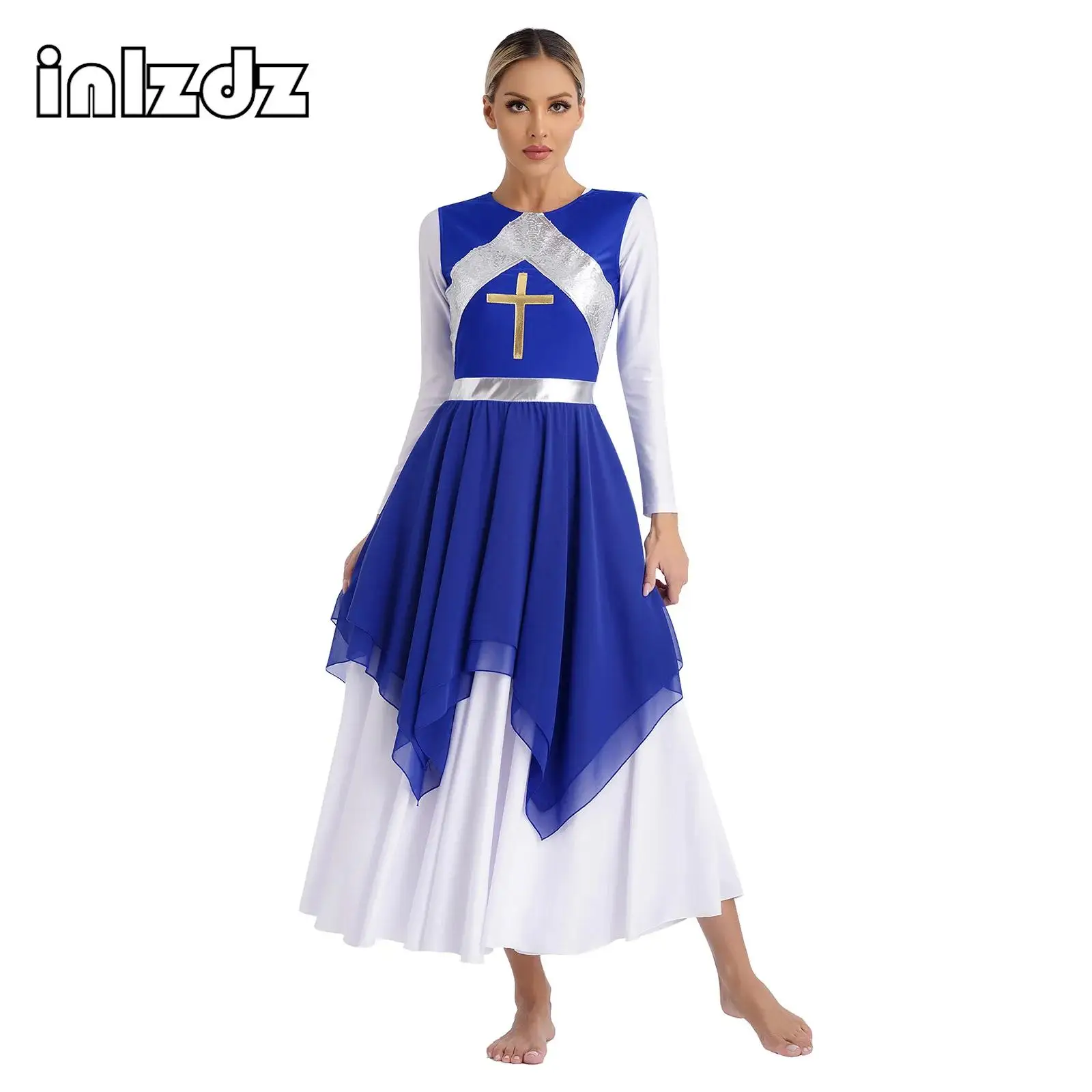 Abito da ballo lirico di lode liturgica metallica da donna senza maniche con paillettes incrociate lucide vestito da ballo di balletto Costume di