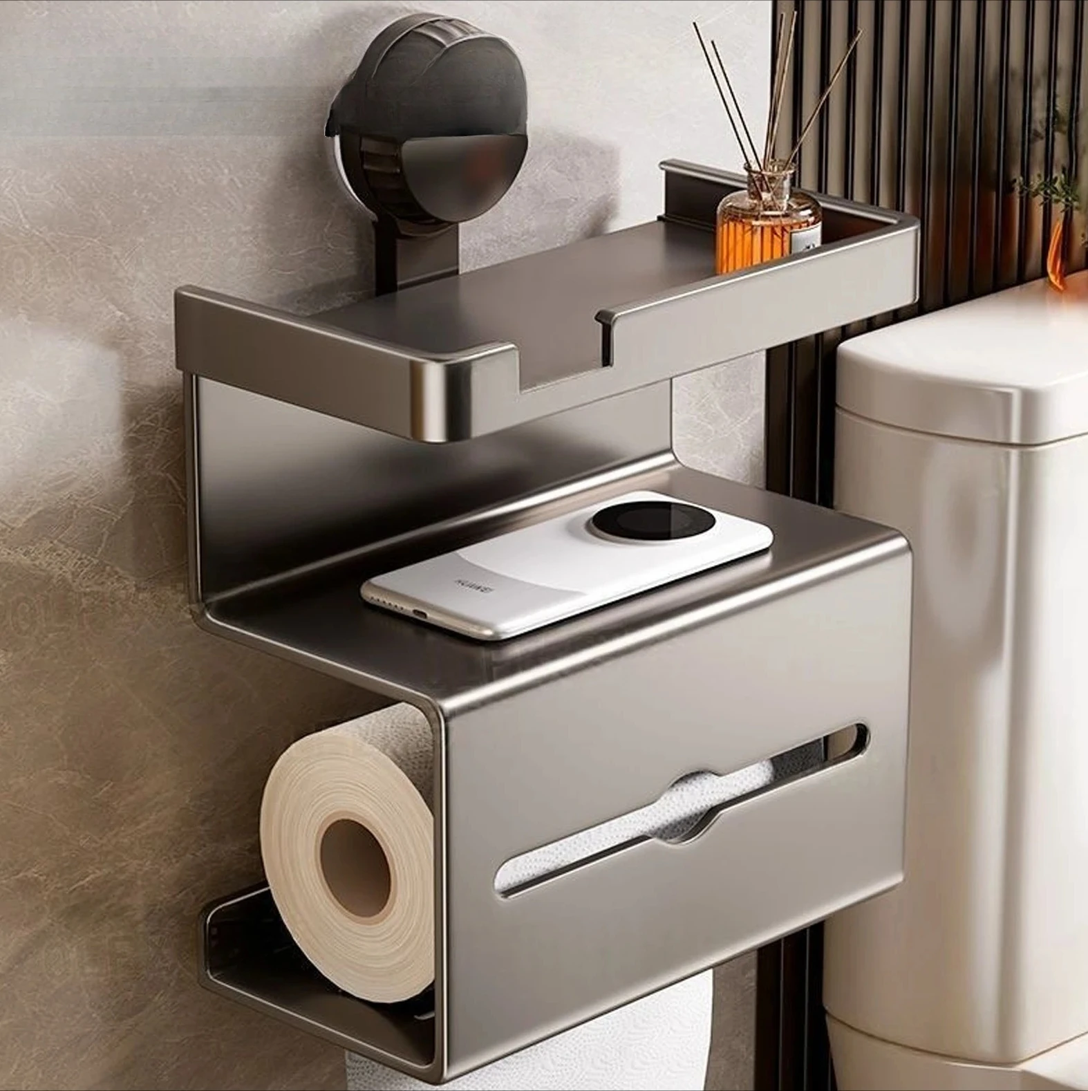 

Bathroom Accessories Hardware Decor Storage Shelf Toilet Paper Holder Space Aluminum Wall Mounted Black Toilet Paper Roll Holder