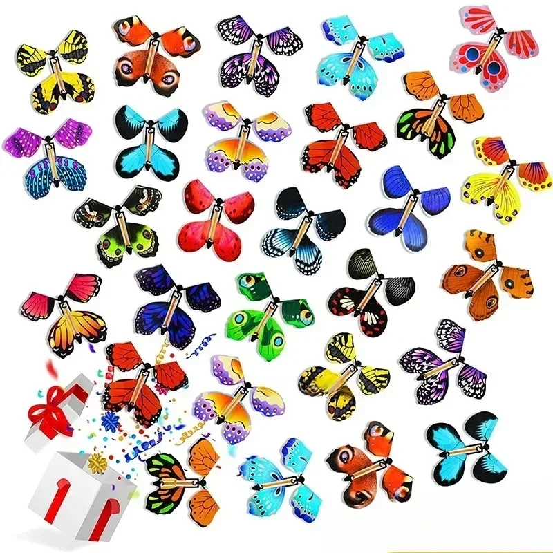 Magic Flying Butterflies Wind Up Toy In The Sky Bookmark Greeting Cards Rubber Band Powered Kids Magic Props Surpris Gift