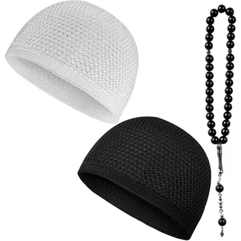 

3 pcs set Kufi Hats for Men Crochet Taqiyah Breathable Stretch Skull Cap Black & White Islamic Prayer Caps with 33 Beads Tasbih