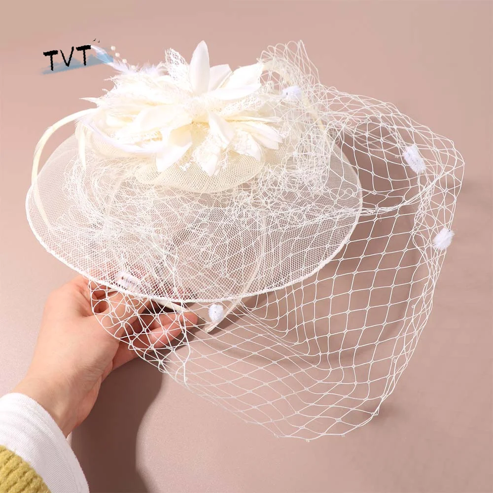 

Vintage French Style Bride Veil Hairdband Wedding Feather Bridal Headband Flowers Hepburn Mesh Veil Face Cover Hair Accessories