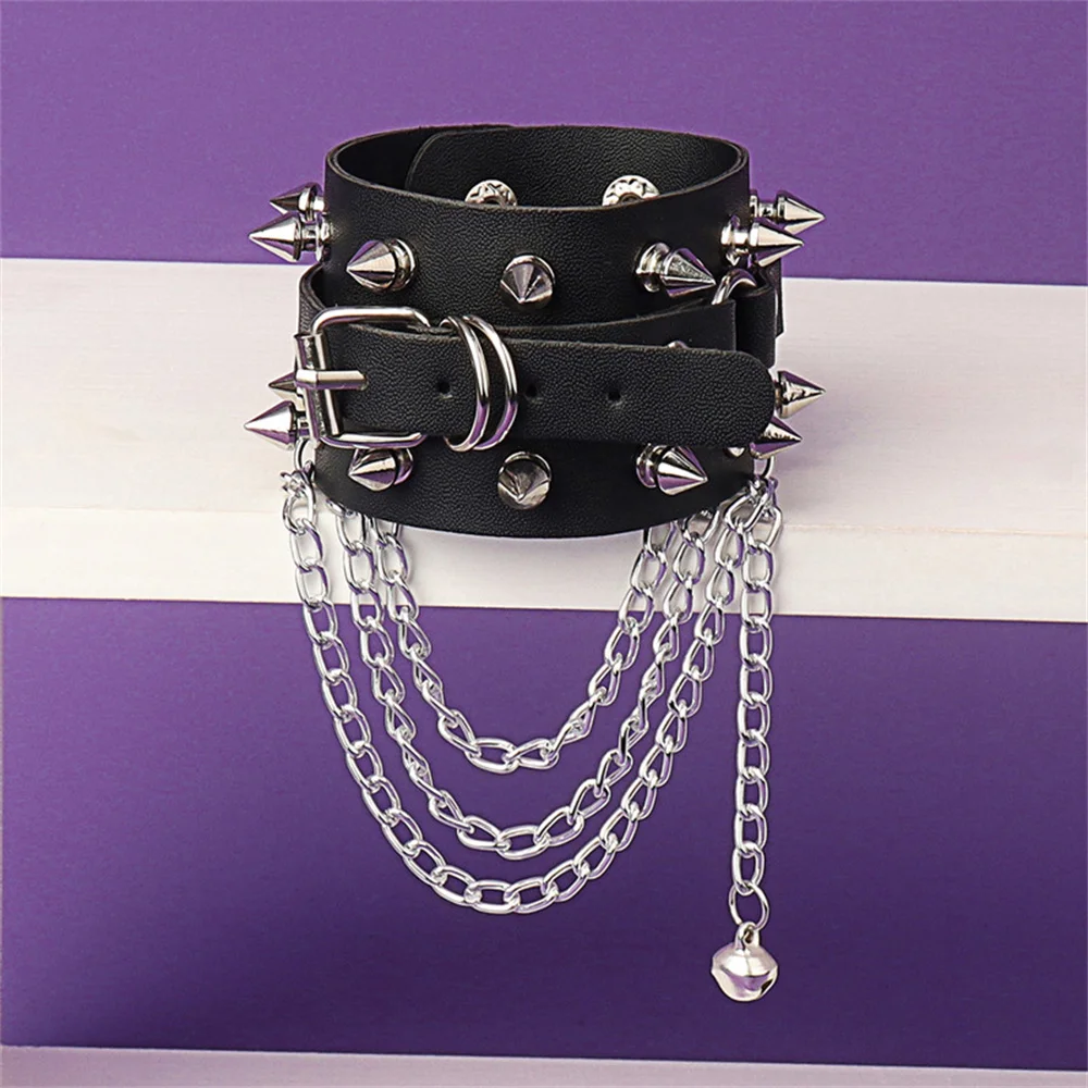 80s Gothic Punk PU Leather Studded Spikes Rivet Bell Wide Cuff Bracelet Bangle Chains Buckle Wristband for Women Jewelry Gift