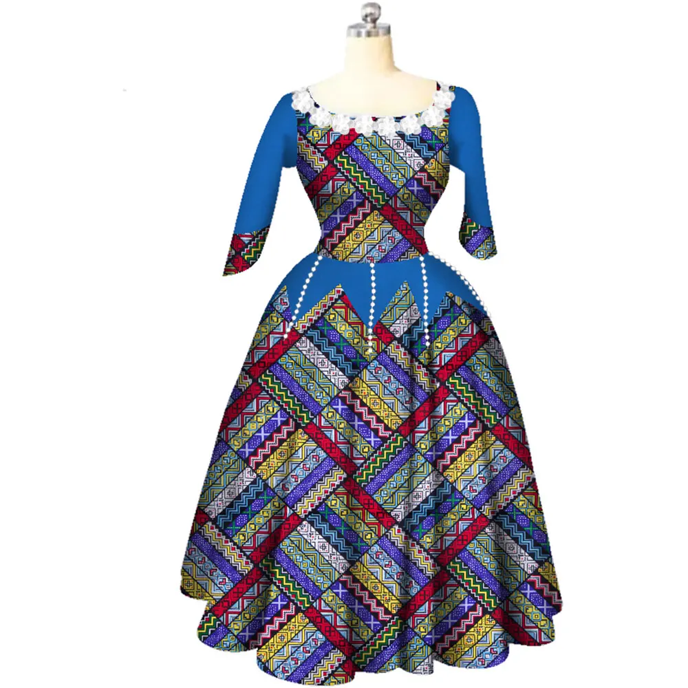 BintaRealWax sukienki afrykańskie dla kobiet Bazin Riche makrama kołnierz długie sukienki pół rękawa rękaw odzież afrykańska WY3707