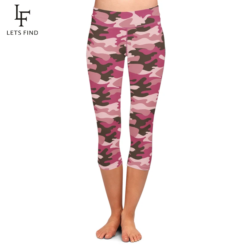 

LETSFIND New High Waist Women Capri Leggings Pink Camouflage Print Mid-Calf 3/4 Stretch Leggings Freee Shipping