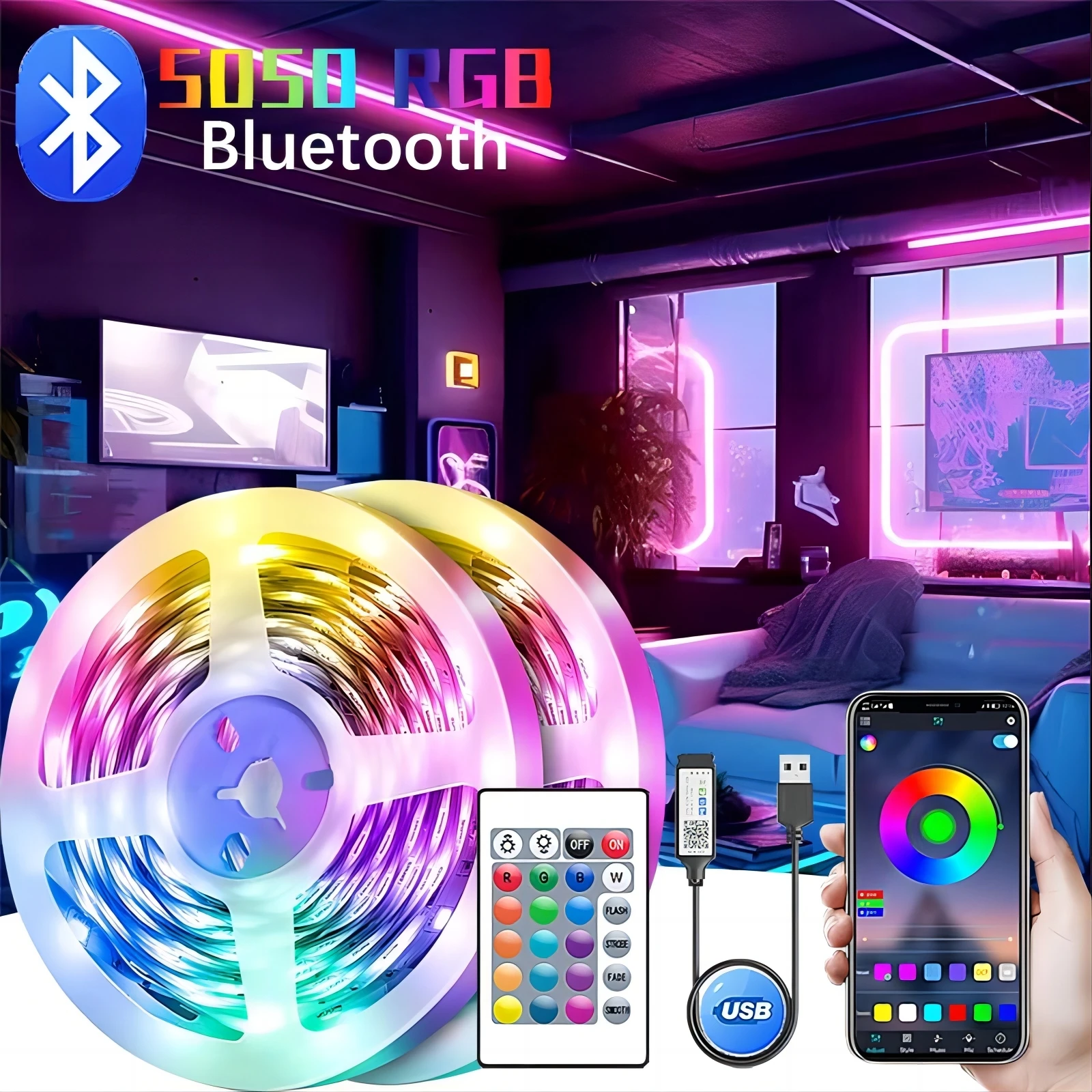 Tira de luces LED con USB para decoración de dormitorio, cinta de luz 5050 12LED de Color RGB con Bluetooth, 5m, 10m, 15m, 20m, retroiluminación de