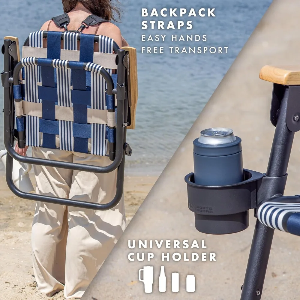 Стул-рюкзак для пляжа, складной стул премиум-класса для кемпинга, алюминиевый каркас с порошковым покрытием, подстаканник, подлокотники, шезлонги