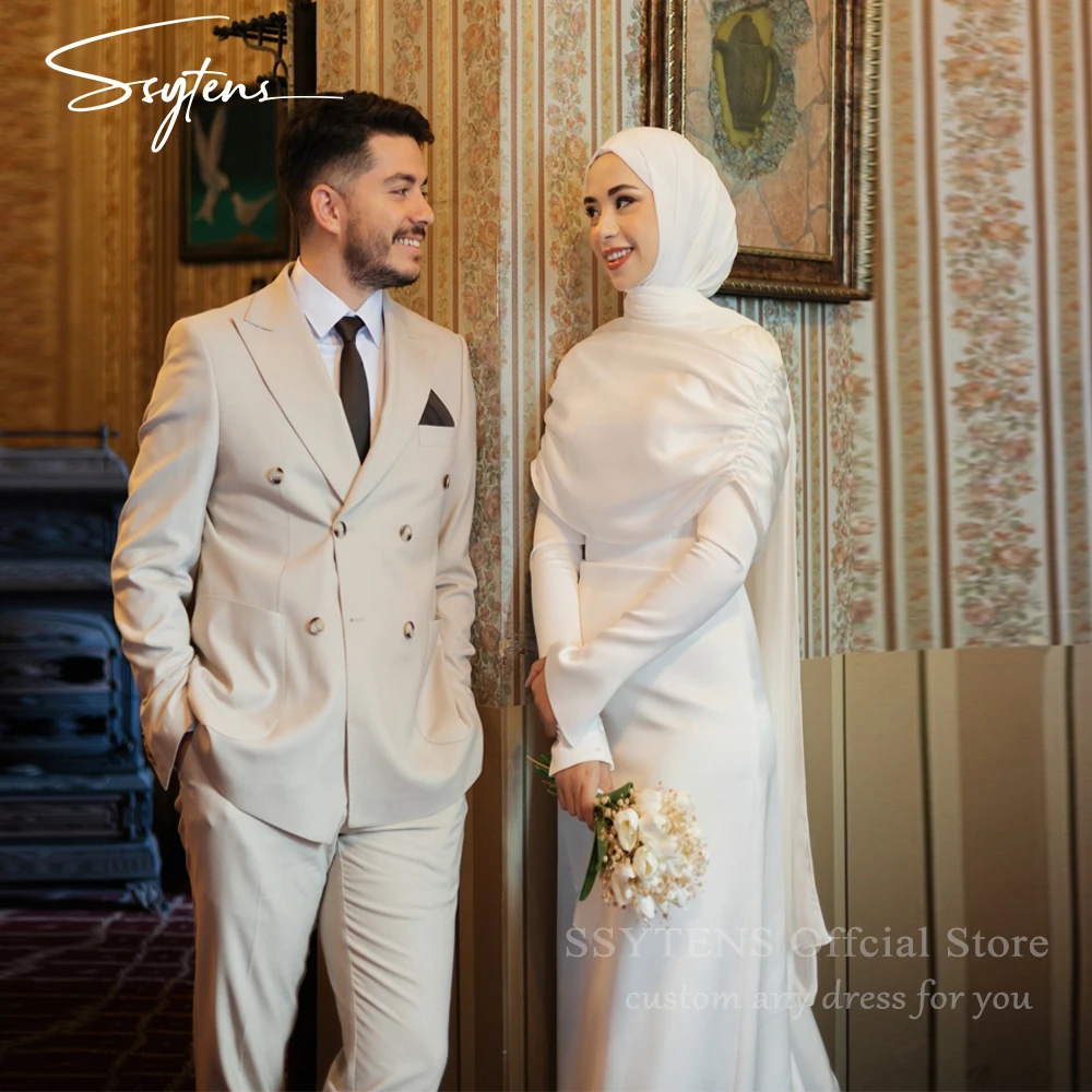 SSYTENS Elegant lvory Wedding Dresses Satin High Neck Full Sleeves Mermaid Bridal Gown Sweap Train Modest Bride Dress Customized