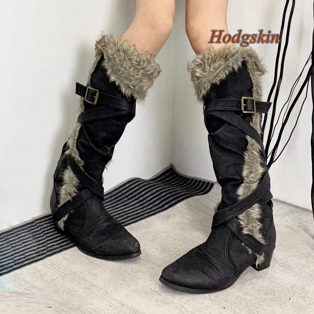 Slip On Winding Knee High Boots Solid Buckle Strap Chunky Heel Round Toe Boots Fashion Casual 2025 New Arrivals Great Snow Boots