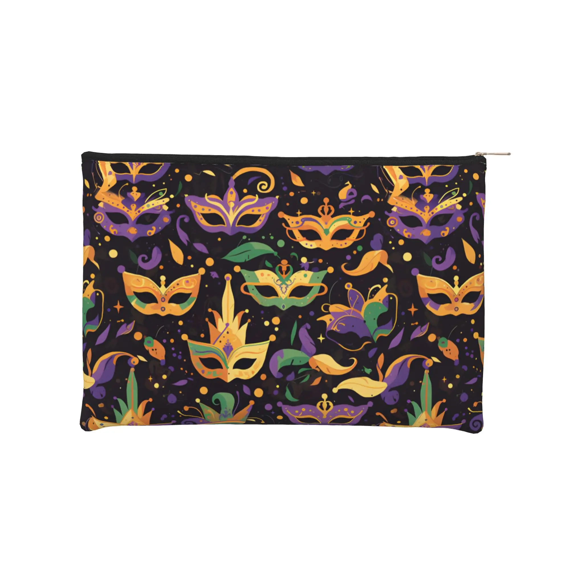 1 unidad Bolsa de Maquillaje Plegable con Diseño de Plumas Moradas, Verdes y Doradas para Celebraciones, Neceser de Mardi Gras con Cremallera, Bolsa de Cosméticos de Viaje, Neceser de Aseo