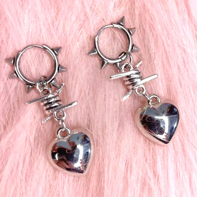 Goth Jewelry Thorn Heart Hoop Earrings Grunge Charms Earrings Punk Aesthetic Women Women Accessories Korean Fashion Earrings