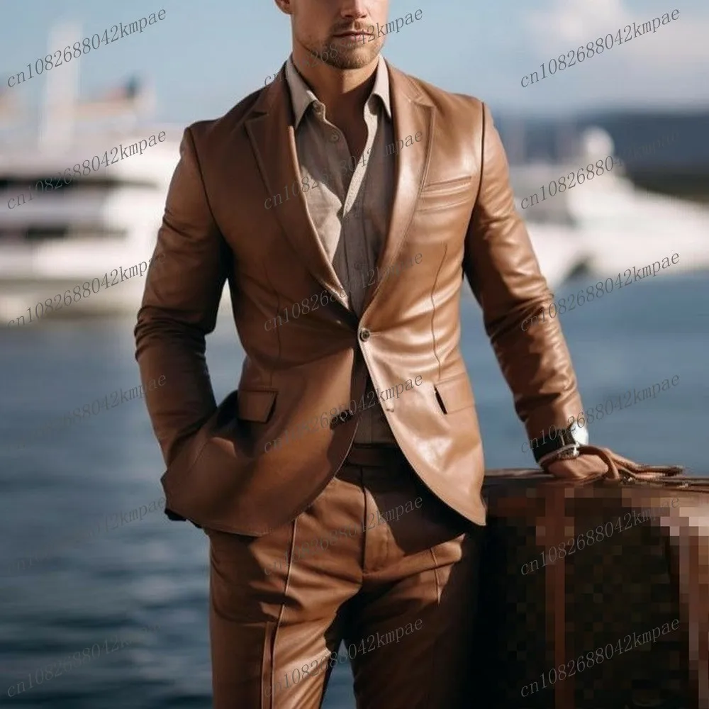 

Новый коричневый мужской костюм, атласный деловой костюм для жениха, жениха, свадебной вечеринки, выпускного вечера, мужской деловой смокинг, комплект из 2 предметов, пиджак, брюки