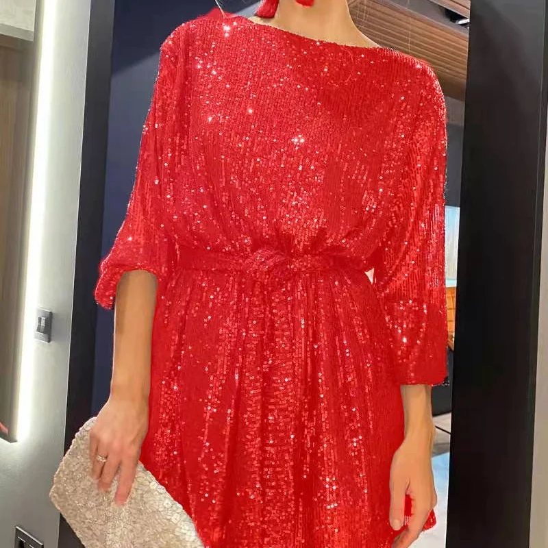 فستان ماكسي أنيق مزين بالترتر للنساء بأكمام طويلة وأكمام فقاعية مع حزام خصر - ملابس رسمية للعطلات والزفاف ​