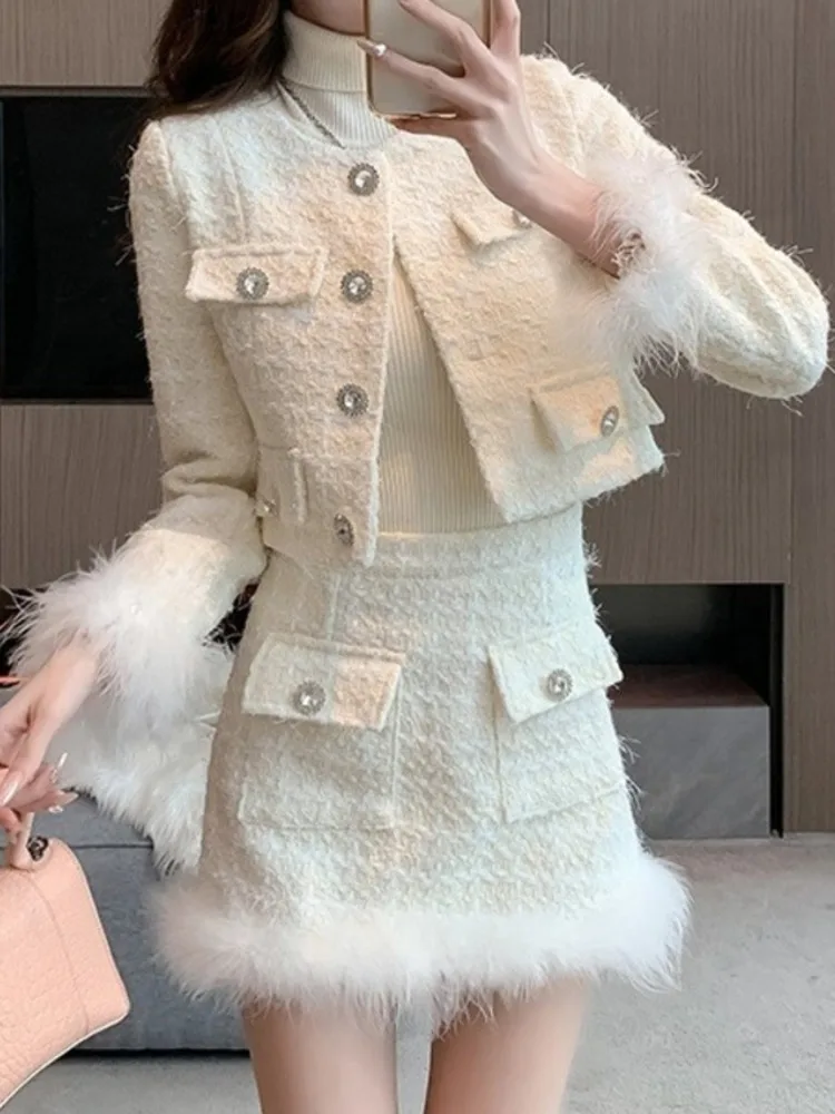 UCXQ Elegant Women\'s Sets European Style Feather Splicing O Neck Coat Short Skirt Fashion Two Piece Set 2024 Spring Autumn C2334