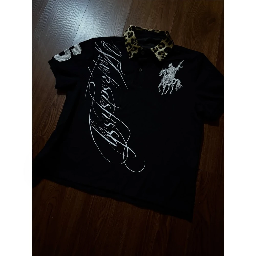 Y2K Gothic Leopardenkragen Poloshirt Retro Ritter Pferd Kurzarm T-Shirt Hip Hop Graffiti Streetwear Harajuku Loose T-Shirt – Detail 2