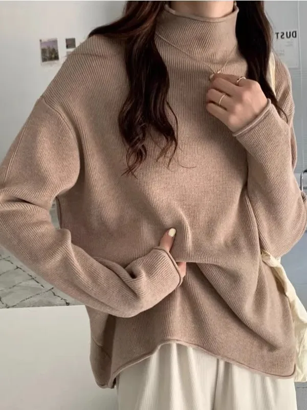 

Вязаный свитер больших размеров с высоким воротником для мужчин и женщин, повседневный термотоп из полиэфирного волокна с длинными рукавами