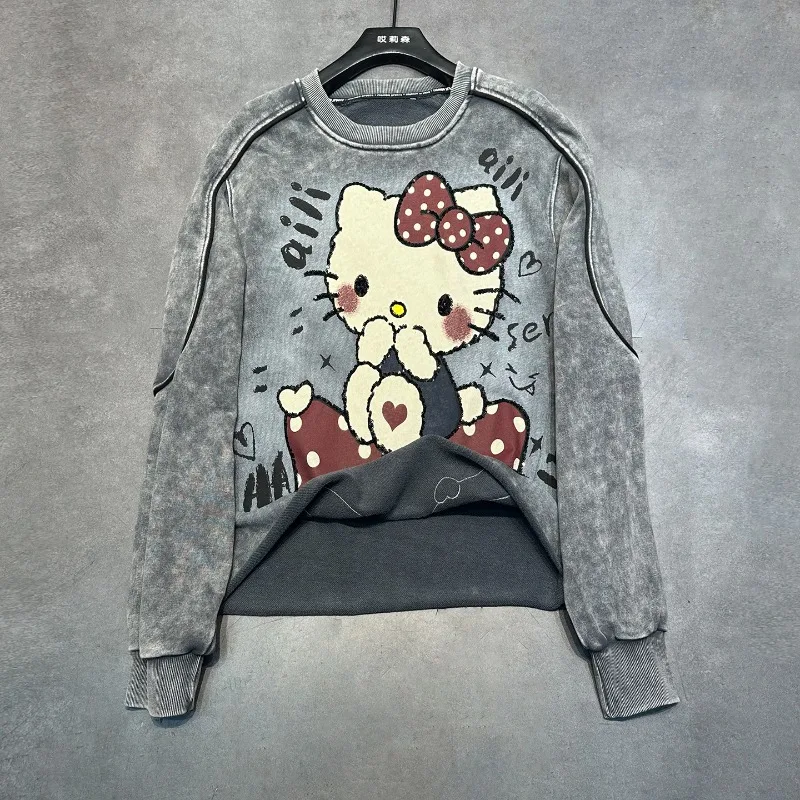 2025 الربيع والخريف الصناعة الثقيلة جديد الترتر طباعة الكرتون طاقم الرقبة البلوز للنساء فضفاض الحلو نمط هوديس #2