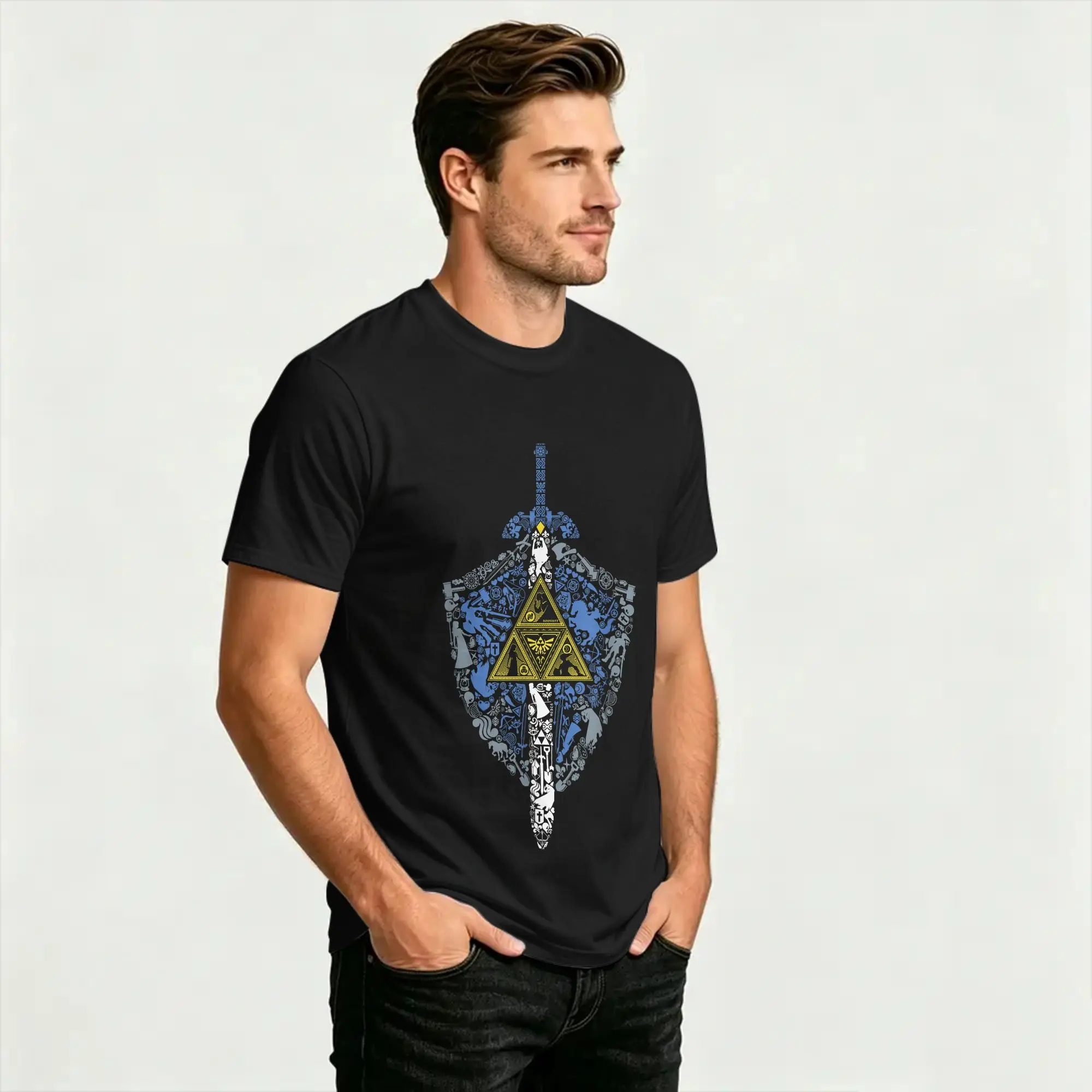 Zelda Hylian Shield Element Icons T-Shirt Sommer beliebte T-Shirts 100 % Baumwolle O-Ausschnitt Übergroße T-Shirts Kurzarm Y2K Lustige Tops – Detail 5