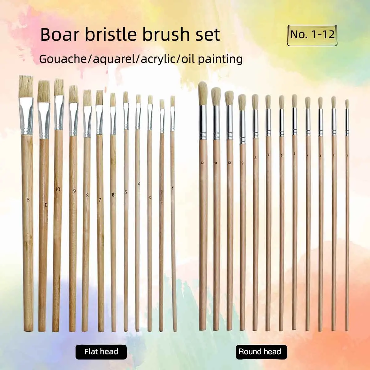 12 Pig Bristle Wooden Rod Brush Set Art Flat/Round Head Brushes Student Color Painting Water Powder Oil Art Supplies