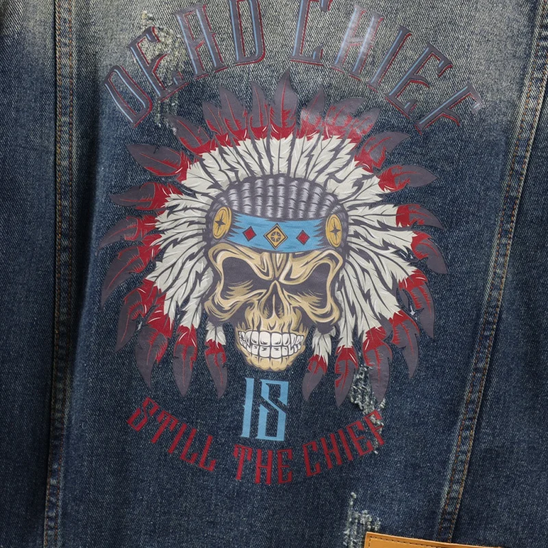 Vintage Denim Jacket Male 2024 New Autumn and Winter Trends Patch Printed Street Handsome High-End Motorcycle Jacket