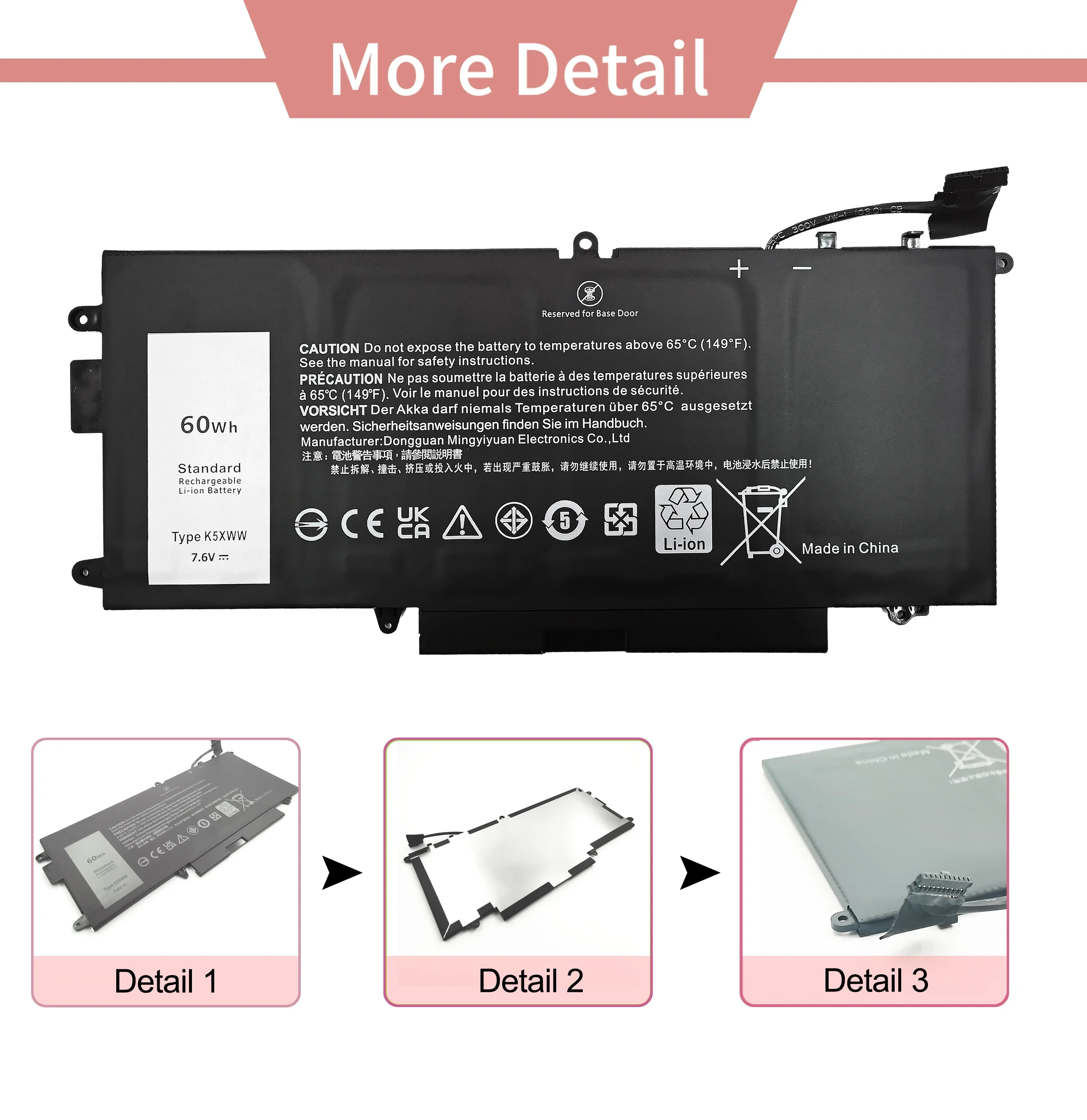 YXKC K5XWW 7.6V 60Wh Replacement Laptop Battery for Dell Latitude 13 7389 7390 2-in-1 5289 2-in-1 Series competable 6CYH6 71TG4