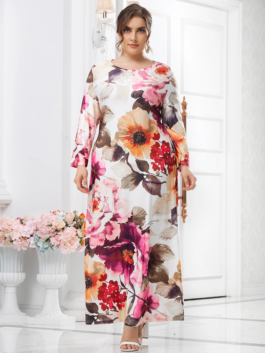 5XL Plus Size White Dress Woman Spring Autumn Long Sleeve Floral Print Casual Dress Curvy Size Maxi Long Dresses