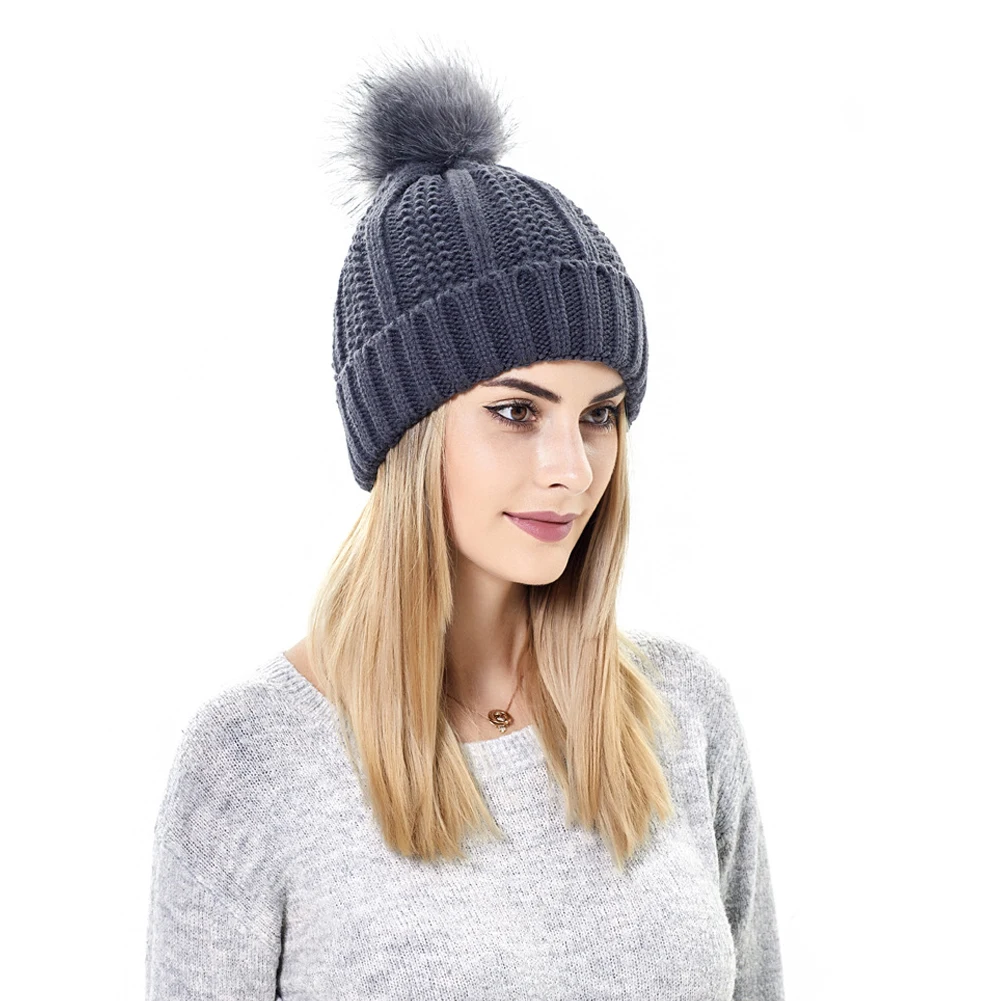 Elastic Hair Protection Knit Hat With Fur Ball Comfy Breathable Themal Hats For Cold Weather