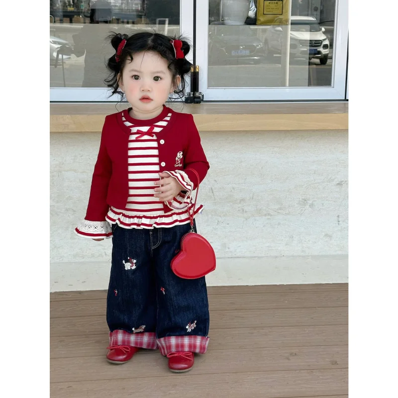 

New Spring Collection Girls' Striped Two-in-One OutfitTChildren's baby ruffle top+Jeans suit