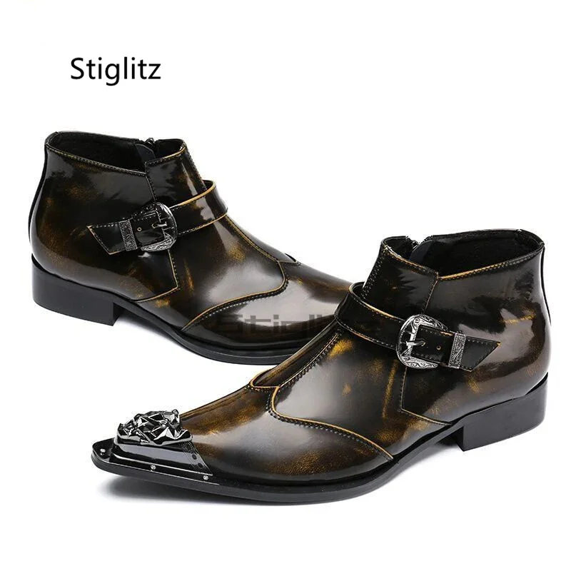 Bronze Metal Pointed Toe Men's Boots Retro Genuine Leather Ankle Boots Belt Buckle Chelsea Boots Business Dress Party Male Shoes