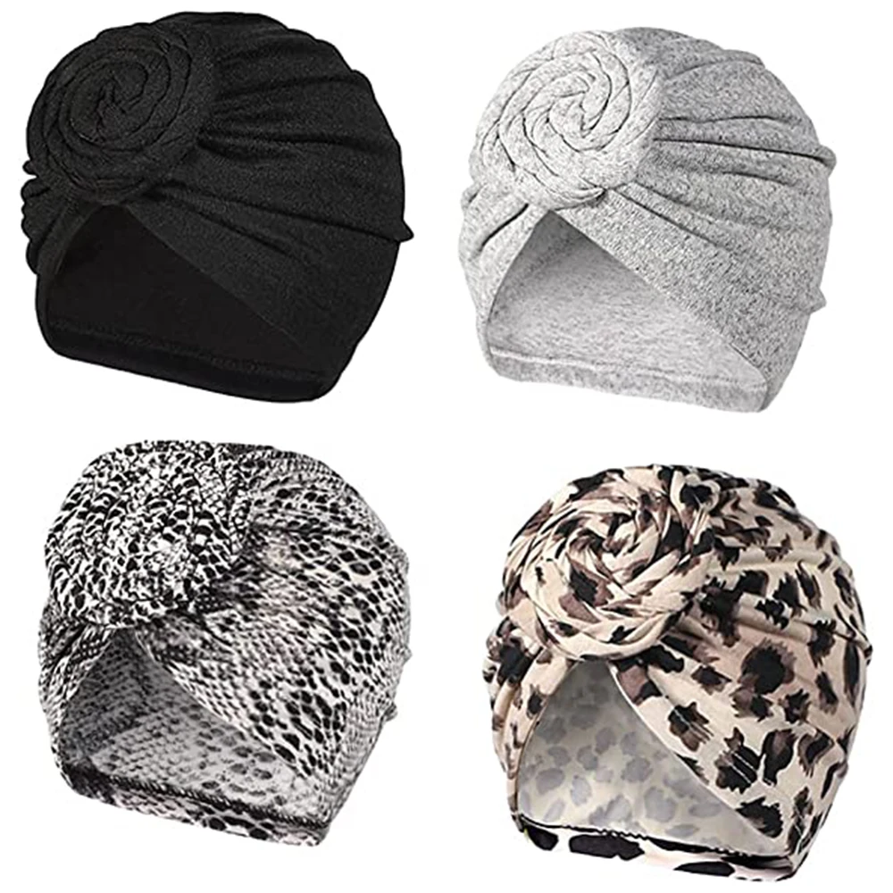 4Pcs African Turbans for Women Flower Knot Pre-Tied Bonnet Hair Wrap Soft Cotton Hijab Cap Muslim Ladies Head Scarf Headwrap