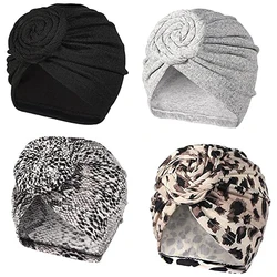 4Pcs African Turbans for Women Flower Knot Pre-Tied Bonnet Hair Wrap Soft Cotton Hijab Cap Muslim Ladies Head Scarf Headwrap