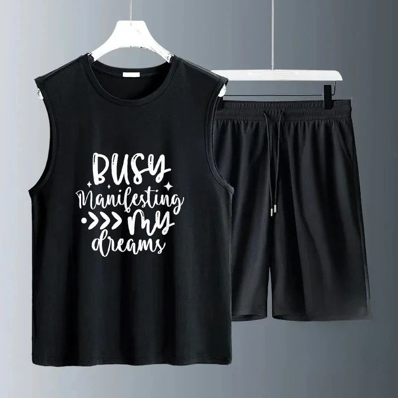 

Мужские комплекты, летний комплект с тонким жилетом 2024, дышащие футболки + шорты, комплект из двух предметов, легкая спортивная футболка для подростков, топы Y2k