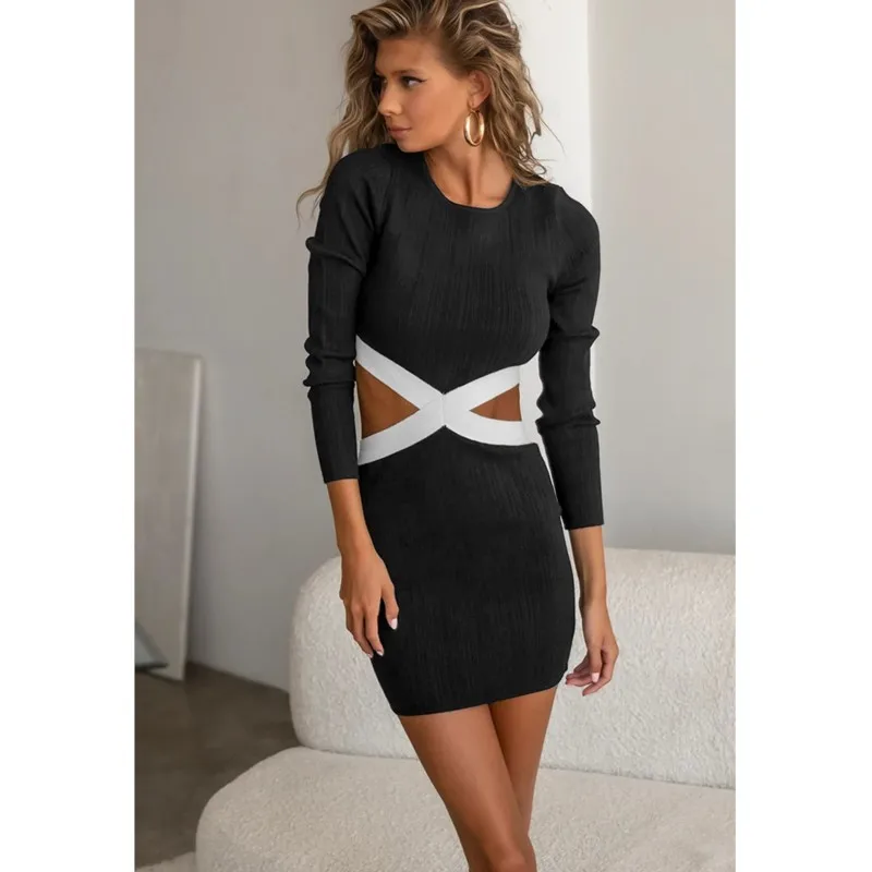 Women's Dress, Fashionable Spicy Girl, Pure Desire, Contrasting Color, Hollow Long Sleeved Solid Color, Hip Hugging Skirt Dress