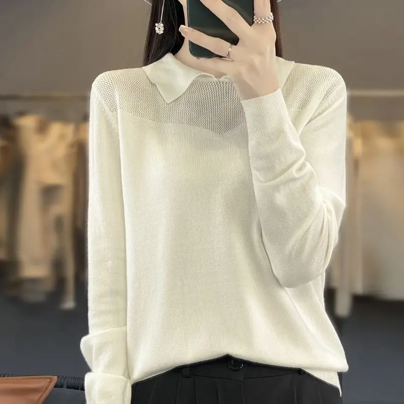Autumn and Winter Women's Pullover Polo Solid Color Hollow Lantern Long Sleeve Sweater Knitted Bottom Casual Elegant Tops