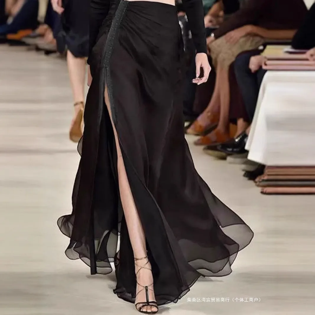 

2025 summer new design sense fashion split level long dress high waist black chiffon slim fit long skirts for women