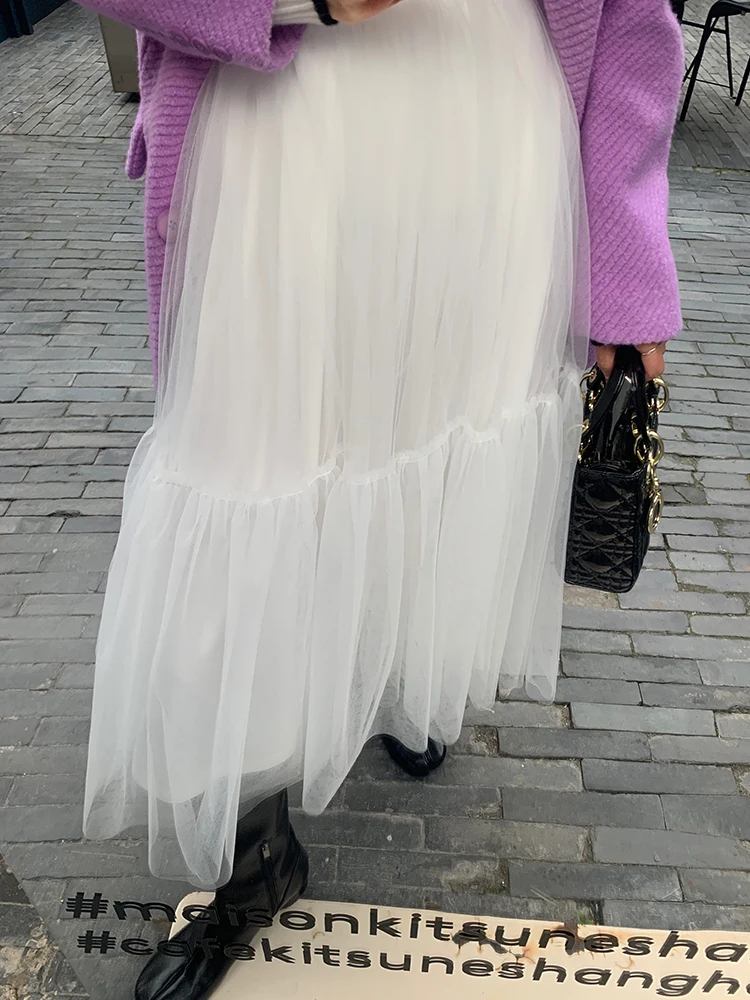 Gonna torta bianca Design Sensation Gonna longuette a trapezio Vita alta Tessuto a rete Gonna lunga in poliestere Ele Lady Commute Sle