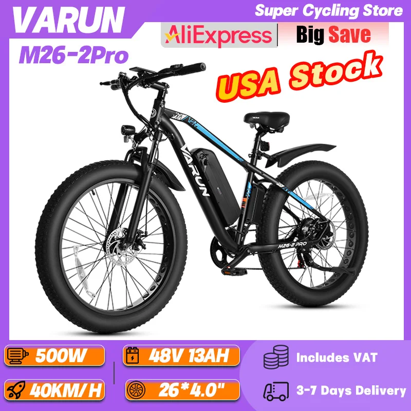 

VARUN M26-2Pro Внедорожный электровелосипед для взрослых, двигатель 500 Вт, 48 В, 13 Ач, аккумулятор, электрический велосипед 26*4,0 дюйма, городской электрический велосипед с толстыми шинами
