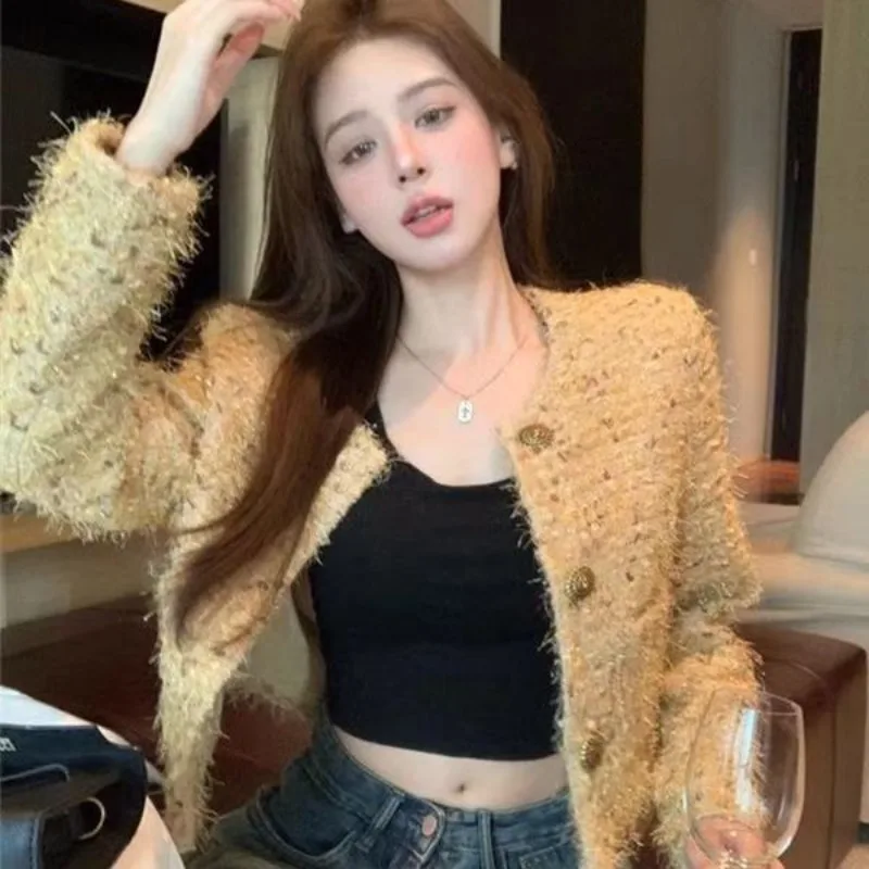 Women's 2026 Spring Autumn New French Faux Fur Tweed Jacket Long Sleeve Sequin Thick Warm Elegant Chic Coquette Trendy