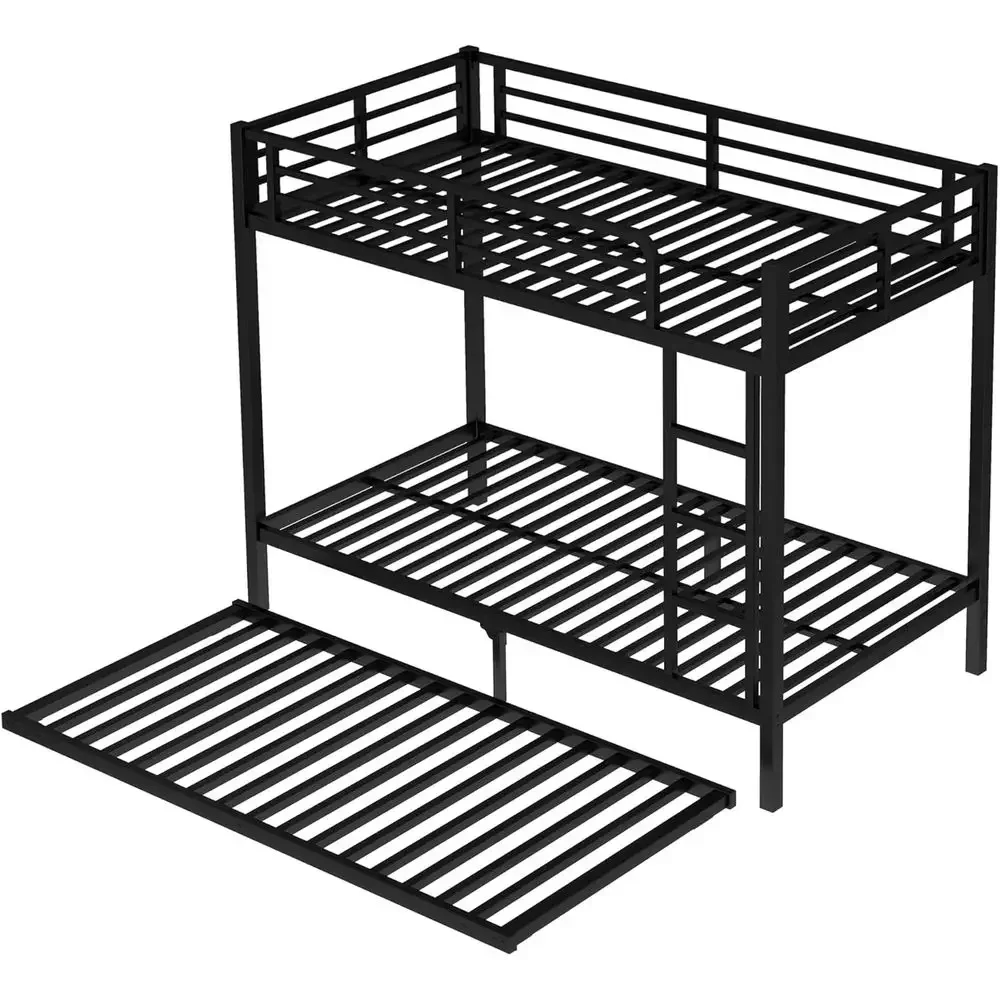 Twin XL Bunk Bed with Trundle, Metal Frame, Ladder, and Guardrail - Ideal for Kids, Teens, and Space-Saving Living, Black view 5