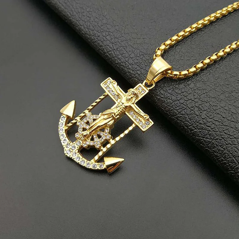 Hip Hop Bling Iced Out Stainless Steel INRI Crucifix Jesus Anchor Rudder Pendants Neckalce for Men Rapper Jewelry