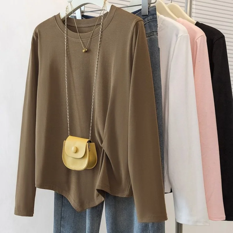 

plus Size Women's Long Sleeve T-Shirt Loose Fit Slimming Concealing Pure Color Spring Autumn Inner Wear Top Large Clothes