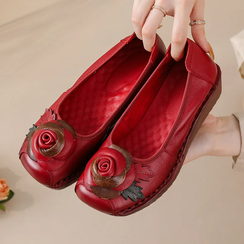 

Latest handmade real leather wedge flats woman antique slip on wedding shoes for women autumn flower loafer ladies chic moccasin