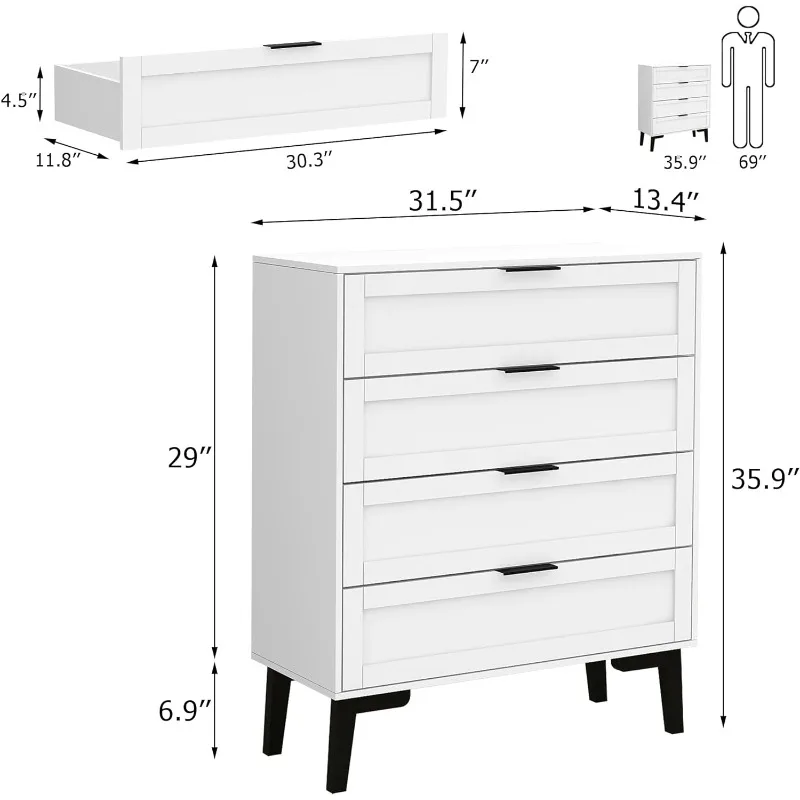 White 4 Drawer Dresser for Bedroom,Wood Lingerie Chest of Drawers for Bedroom,Modern 36inch Tall White Dresser