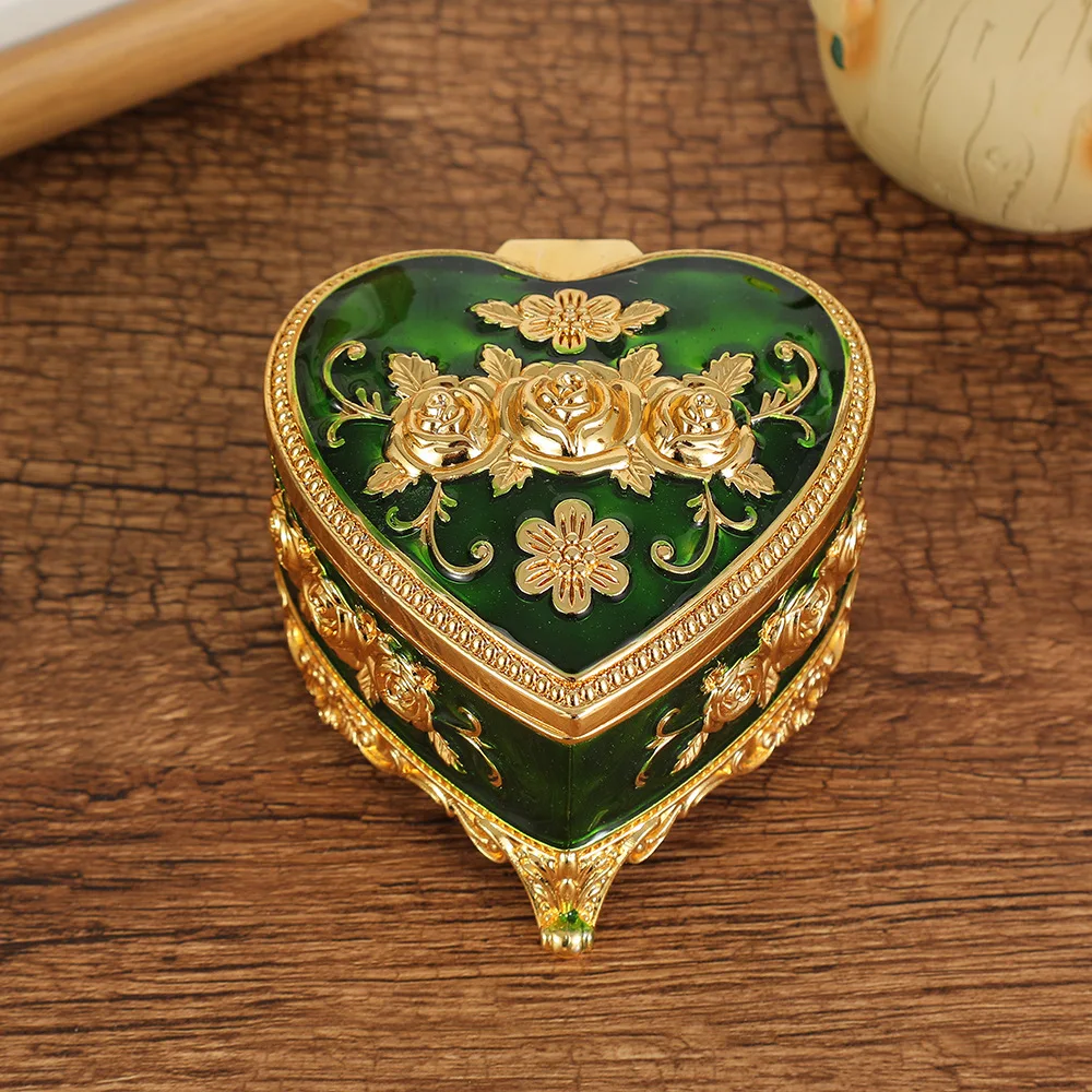 Classic Metal Jewelry Case with Rose Pattern Jewelry Storage Box for Ring Earrings Heart Shape Trinket Organizer Box