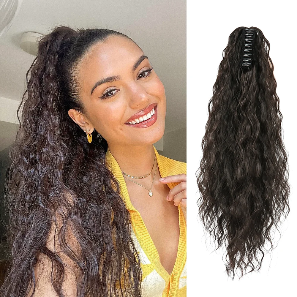 Extensão rabo de cavalo longa onda sintética para mulheres, cabelo encaracolado, hairpieces preto, clipe de garra, olhar diário, cabelo